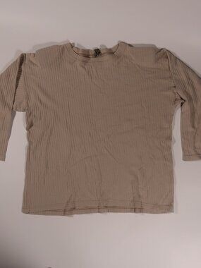 Ribbed Long Sleeve Sweater in Beige 100% cotton padded shoulders Made In Greece